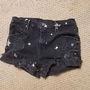 RtA Stretch Distressed Shorts Folded Cuffs Black Silver Stars Size 26 Pre-owned